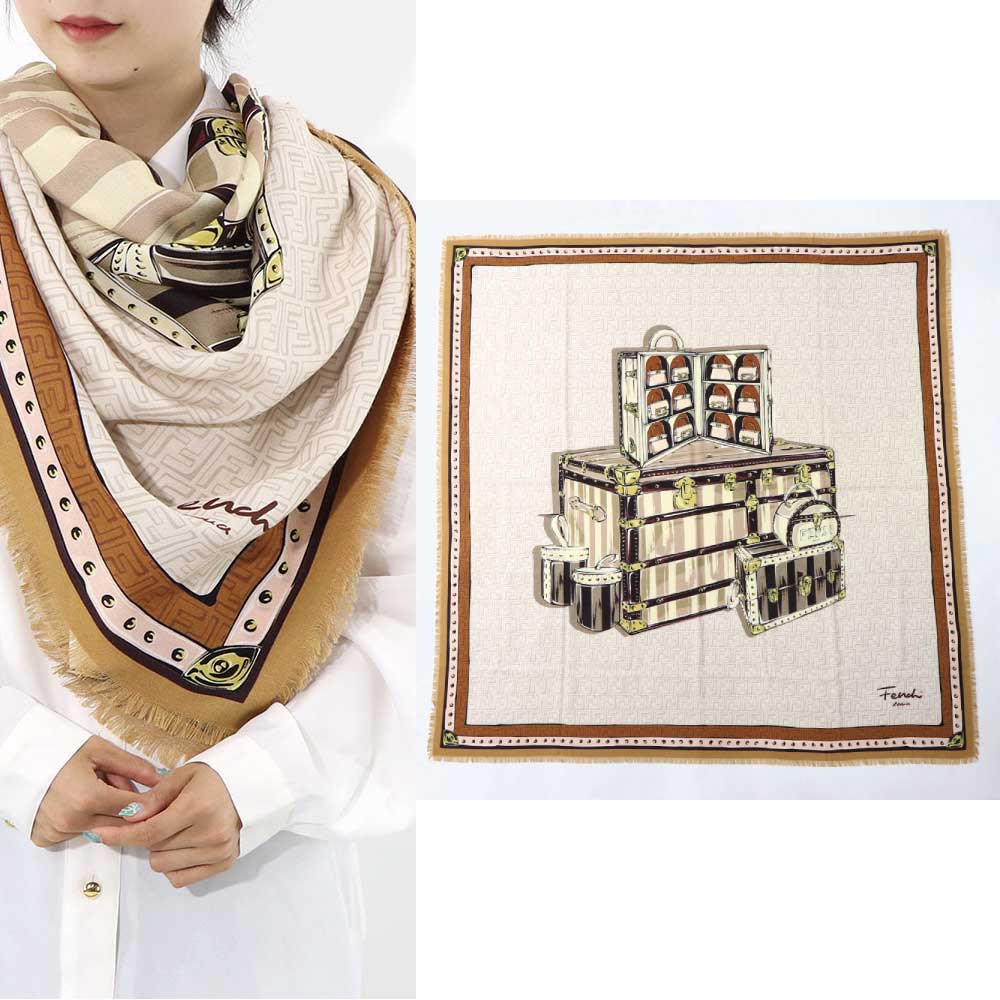 FENDI スカーフ ブラウン×ホワイト 正方形 モノグラム