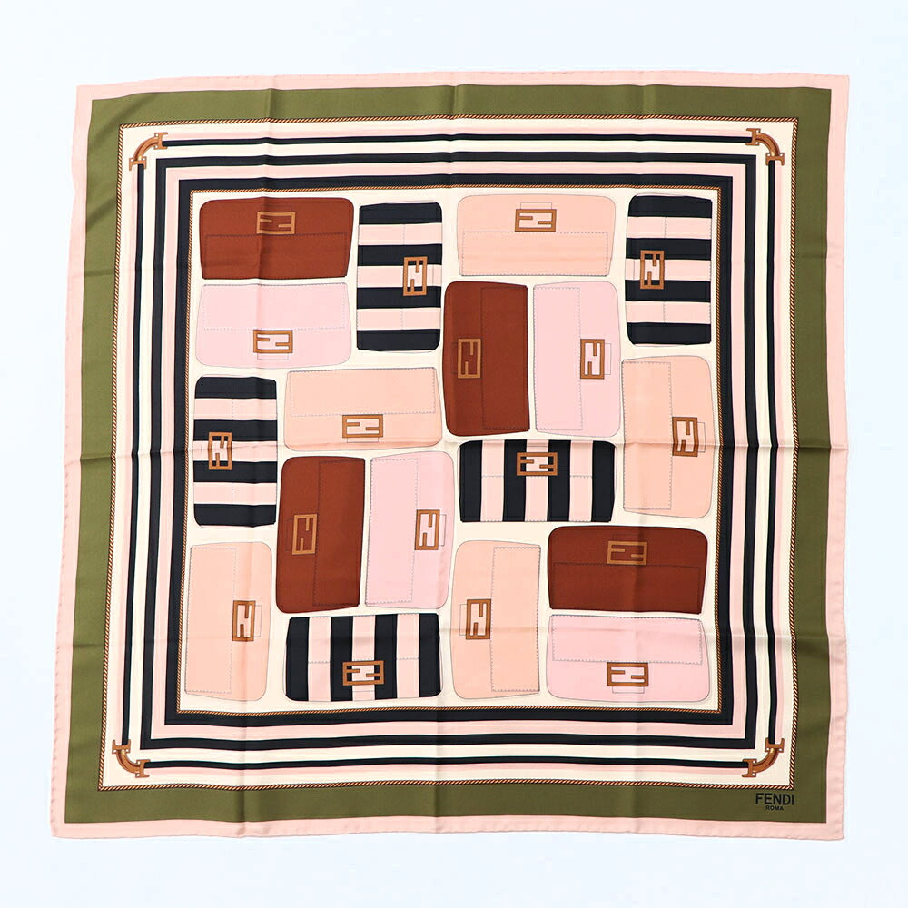 FENDI スカーフ ピンク×グリーン シルク 金具モチーフ イラスト