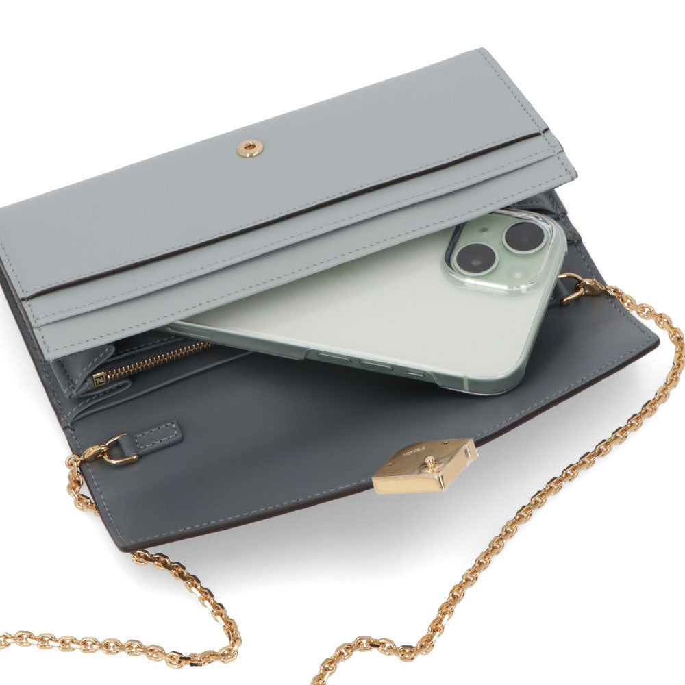 FENDI FFダイヤモンド チェーン付き長財布 グレー×ライトブルー