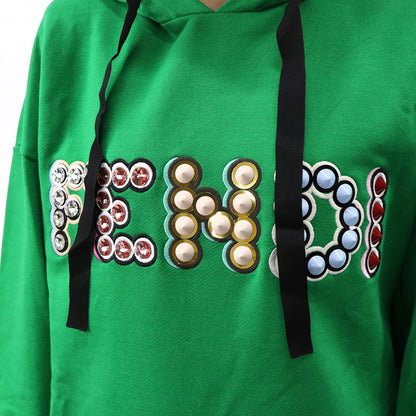 フェンディ FENDI トップス スウェット・パーカー レディース グリーン コットン スタッズ チュニックパーカー ロゴ プルオーバー