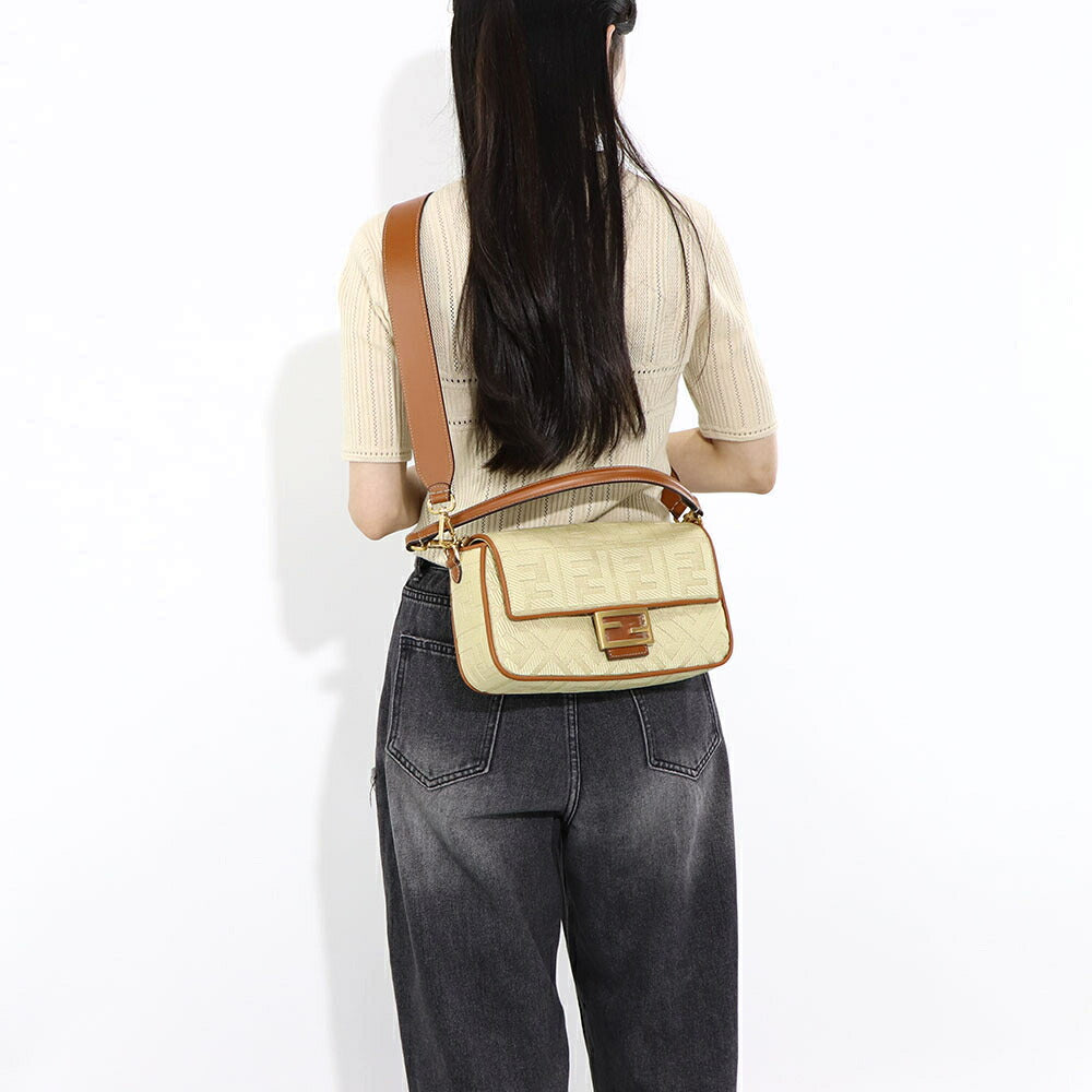 フェンディ FENDI バッグ ハンドバッグ レディース BAGUETTE バゲット キャメル×ナチュラル レザー ショルダーバッグ 2way FF柄 ズッカ柄 ロゴ ストロー 麦わら 刺繍 8BR600 AP4M