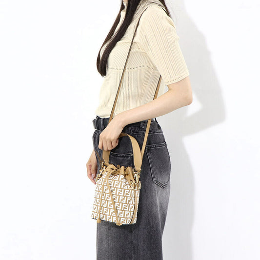 フェンディ FENDI バッグ ハンドバッグ レディース MINI MON TRESOR ミニ モン トレゾール ベージュ系×ホワイト カーフレザー ショルダーバッグ 2way FFロゴ ズッカ柄 巾着 鞄 8BS010 AQ19