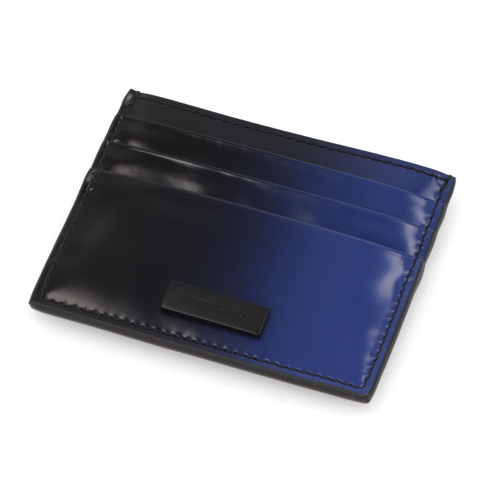 FERRAGAMO カードケース ブラック×ブルー グラデーション ロゴ 661201 0764071