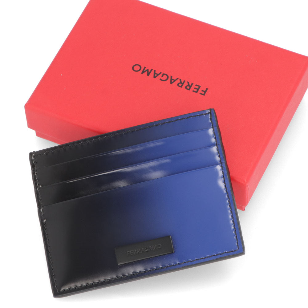 FERRAGAMO カードケース ブラック×ブルー グラデーション ロゴ 661201 0764071