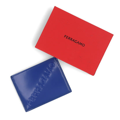 FERRAGAMO カードケース ブルー カーフレザー 3Dロゴ スリム 661204 0765696
