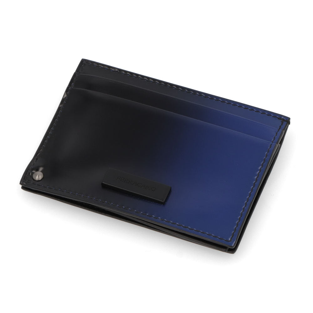 FERRAGAMO カードケース ブラック×ブルー グラデーション ロゴ 661241 0764115