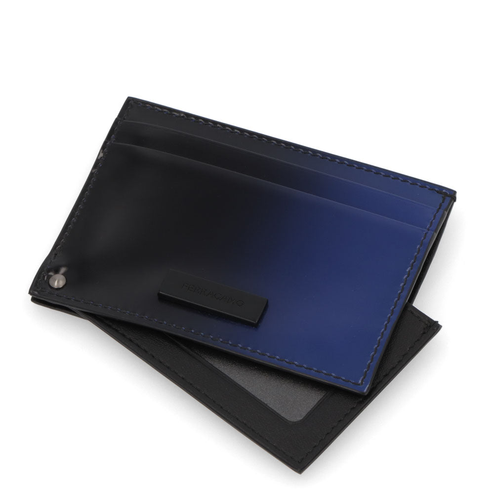 FERRAGAMO カードケース ブラック×ブルー グラデーション ロゴ 661241 0764115