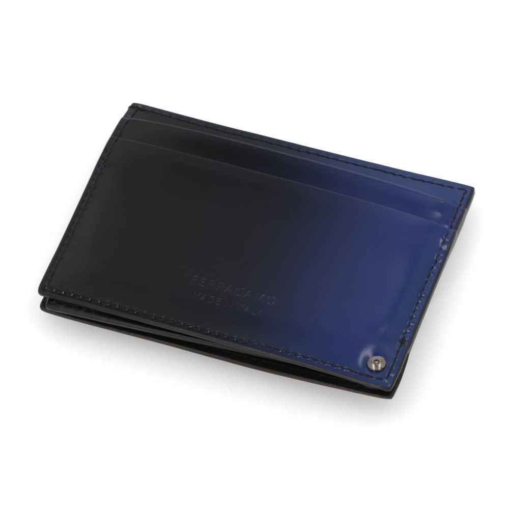 FERRAGAMO カードケース ブラック×ブルー グラデーション ロゴ 661241 0764115