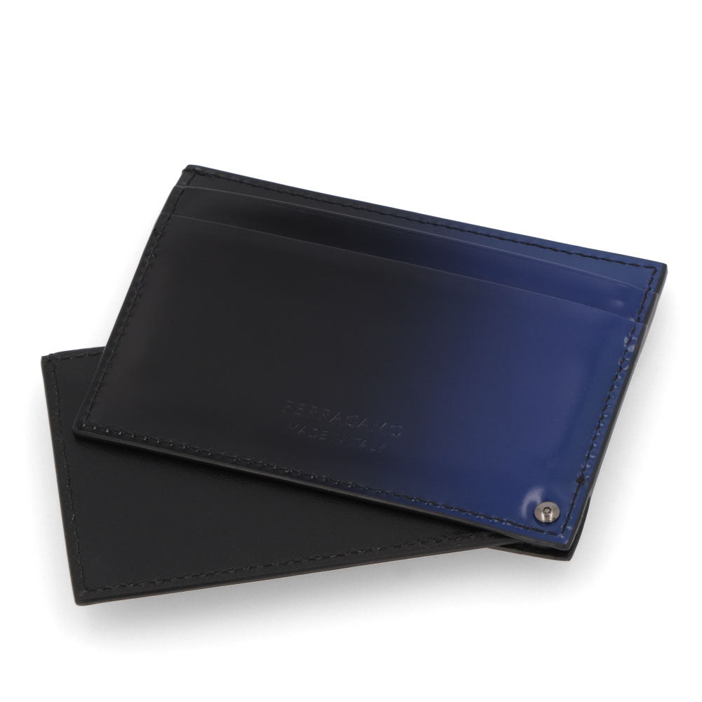FERRAGAMO カードケース ブラック×ブルー グラデーション ロゴ 661241 0764115