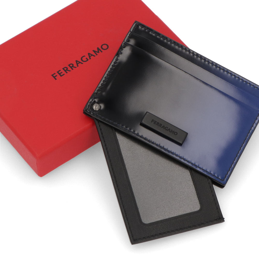 FERRAGAMO カードケース ブラック×ブルー グラデーション ロゴ 661241 0764115
