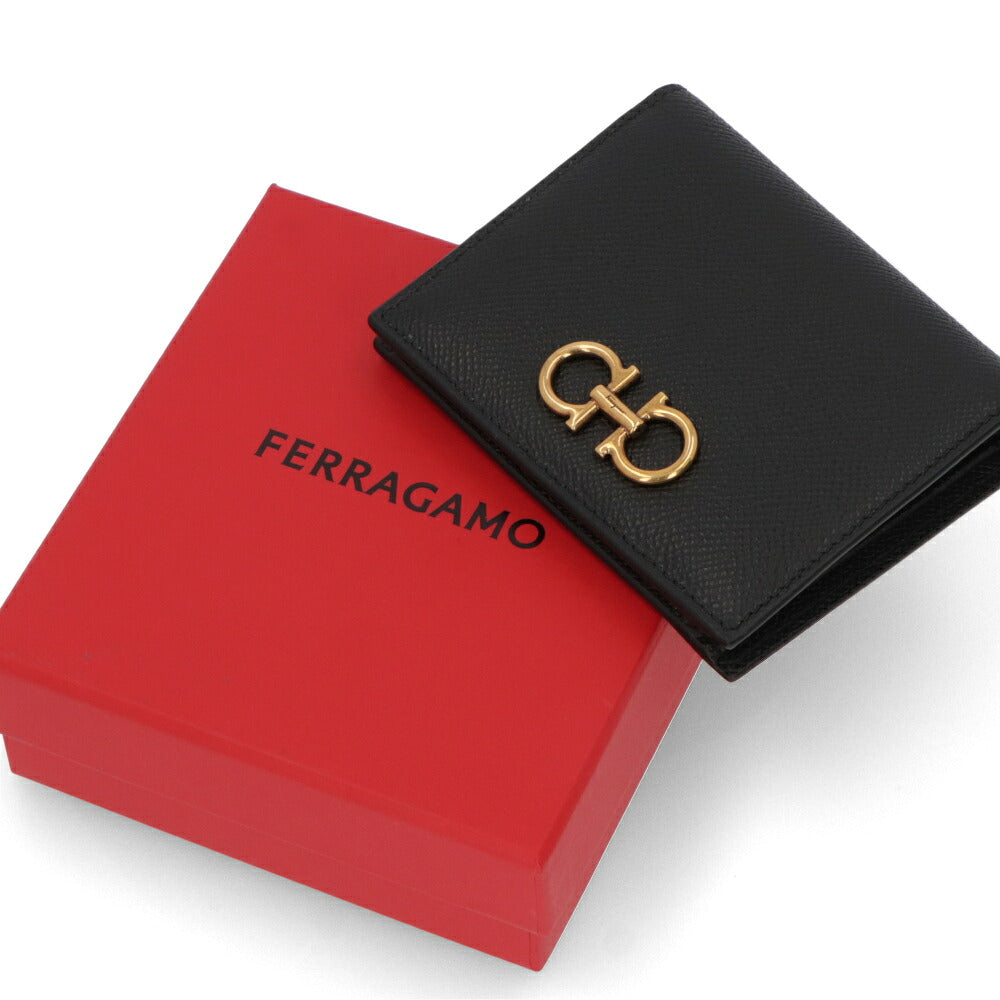 FERRAGAMO フェラガモ レディース 財布 二つ折り財布 ブラック カーフレザー ダブルガンチーニ コンパクトウォレット 小銭入れ付き 22D780 726512