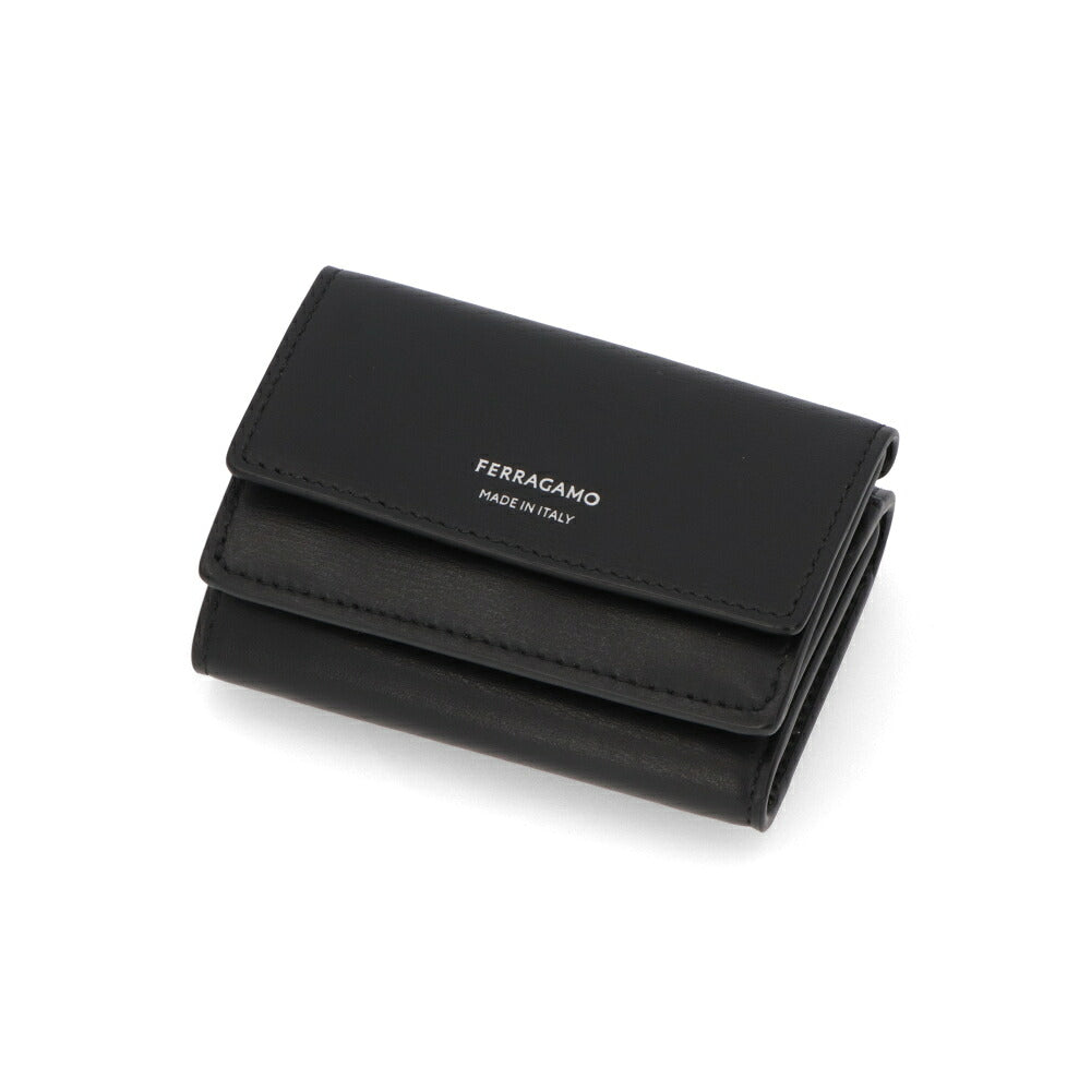 FERRAGAMO フェラガモ ユニセックス 財布 三つ折り財布 ブラック レザー ミニ財布 ロゴ 小銭入れ付き 661337 770115