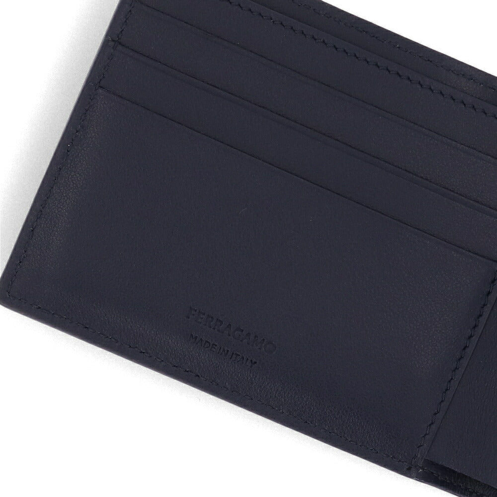 FERRAGAMO フェラガモ メンズ 財布 二つ折り財布 ネイビー系 カーフレザー ミニ財布 小銭入れなし 661360 770138