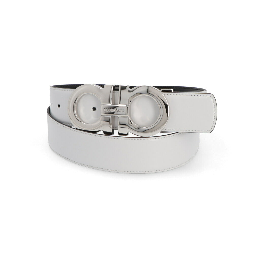 FERRAGAMO ベルト ライトグレー×ブラック グレイン ガンチーニ 670270 776350