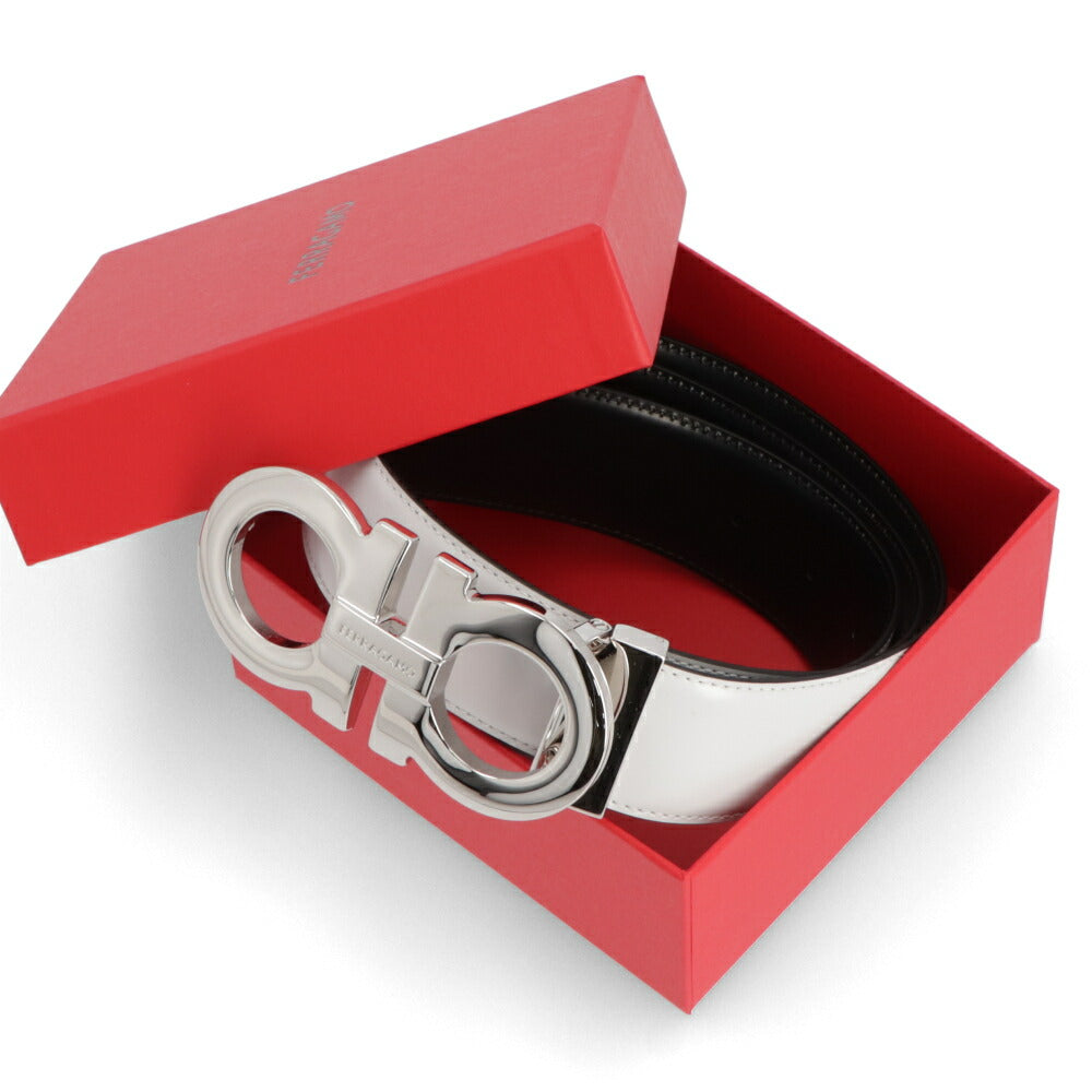 FERRAGAMO ベルト ライトグレー×ブラック グレイン ガンチーニ 670270 776350
