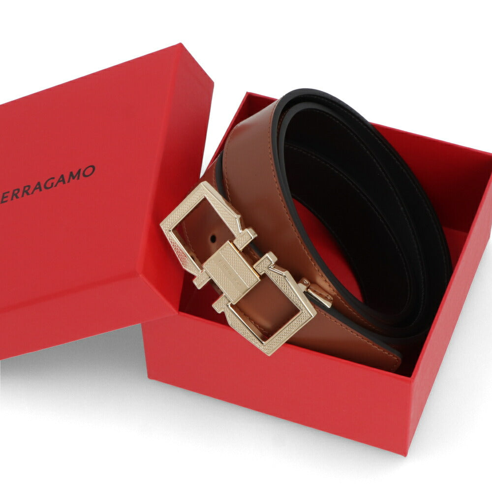 FERRAGAMO ベルトブラウン×ブラック ガンチーニ ロゴ入り 670367 775761