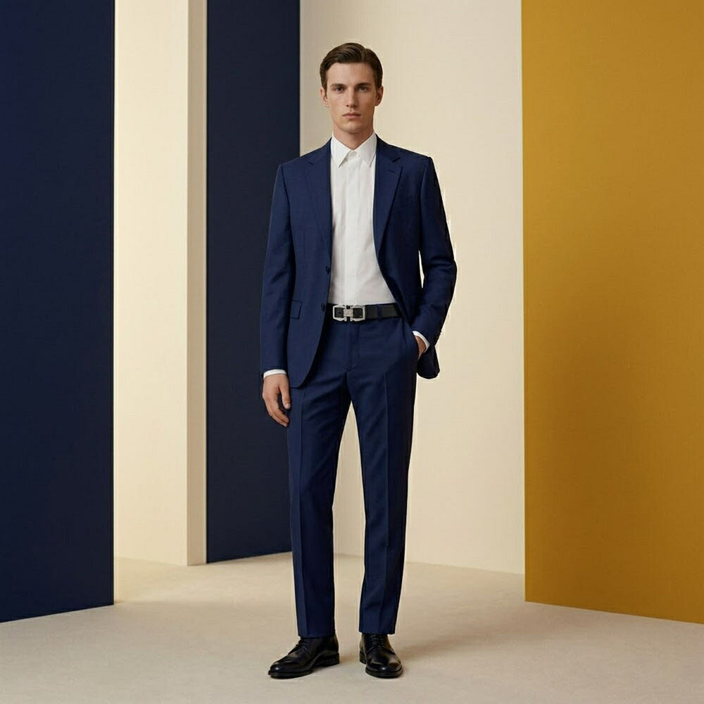 FERRAGAMO ベルトネイビー×ブラック ガンチーニ ロゴ入り 670367 775762