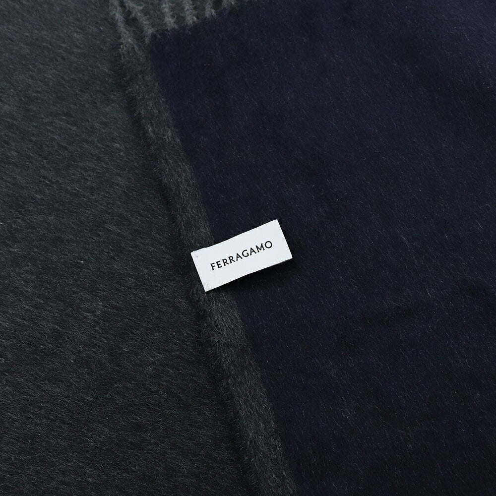 FERRAGAMO フェラガモ メンズ マフラー・ストール ネイビー×グレー系 シルク ストール ロゴ 刺繍 525501 643210