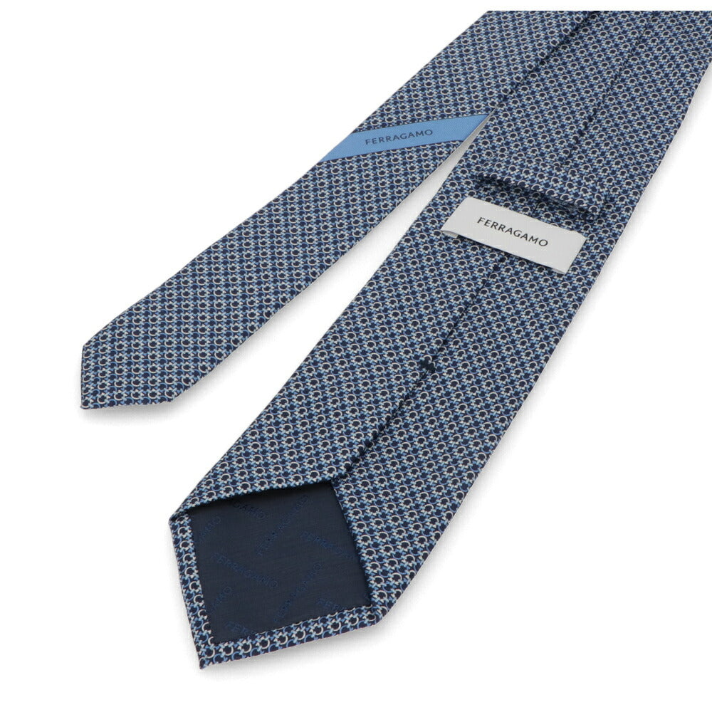 FERRAGAMO フェラガモ メンズ ネクタイ ブルー系 シルク ロゴ 総柄 ガンチーニ 幾何学 シンプル エレガント 35 TIE