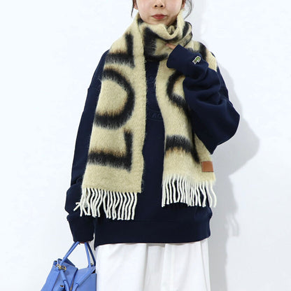 ロエベ LOEWE マフラー・ストール・スカーフ マフラー レディース ベージュ系 ネイビー オレンジ ウール モヘア ロゴ アナグラム フリンジ ストール カラー3色 F811257X03