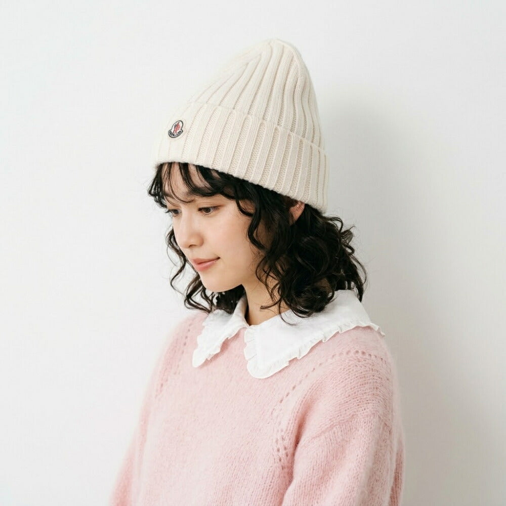 MONCLER モンクレール レディース 帽子 ニット帽 オフホワイト レッド ブラック ウール ニットキャップ ビーニー 3B00036 A9327