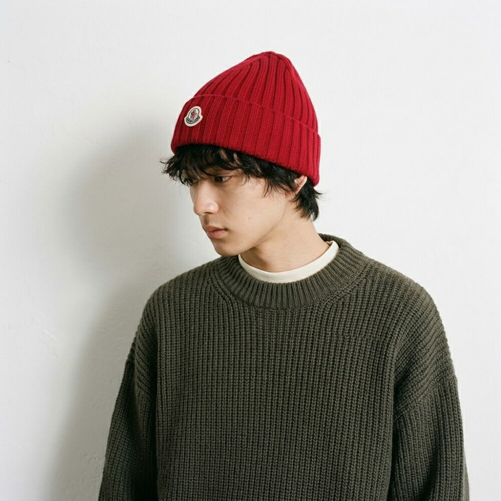MONCLER モンクレール レディース 帽子 ニット帽 オフホワイト レッド ブラック ウール ニットキャップ ビーニー 3B00036 A9327