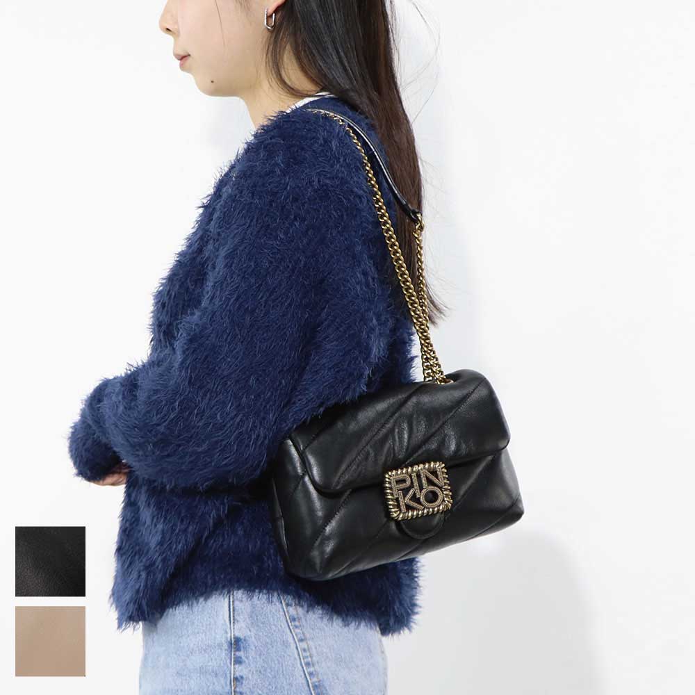 PINKO ショルダーバッグ ベージュ ブラック レザー キルティング 1P22B2-Y6Y3