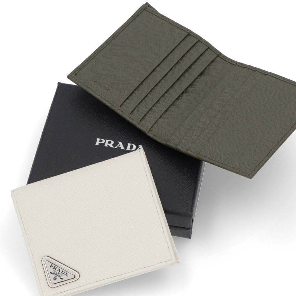 プラダ PRADA PRADA 財布 二つ折り財布 メンズ ホワイト カーキ レザー 二つ折り財布 サフィアーノ トライアングル ロゴ 小銭入れなし 2MO004 QHH