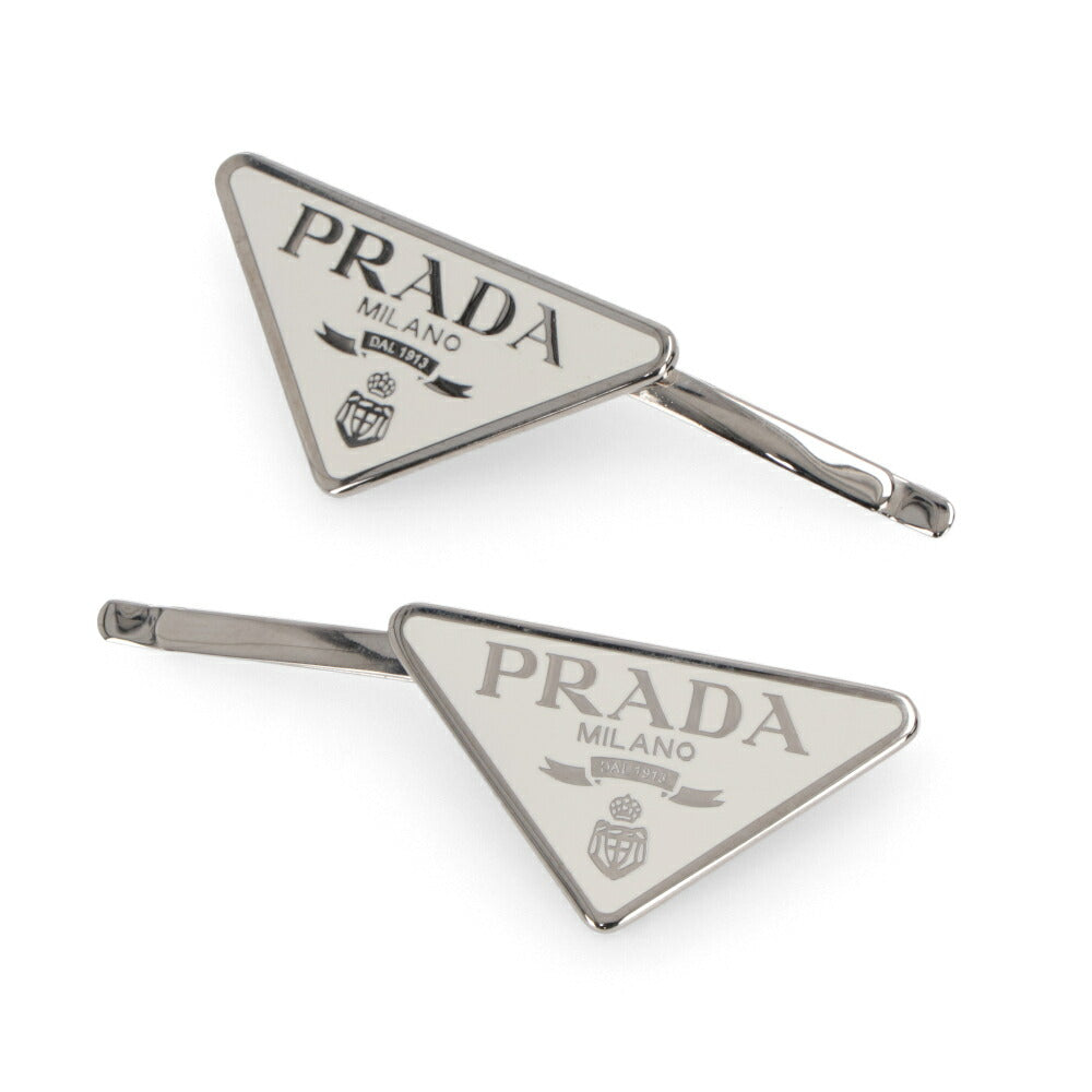 PRADA ヘアアクセサリー ホワイト×シルバー金具 ブラック×ゴールド金具 ヘアピン トライアングルロゴ 1IF051 2BA6