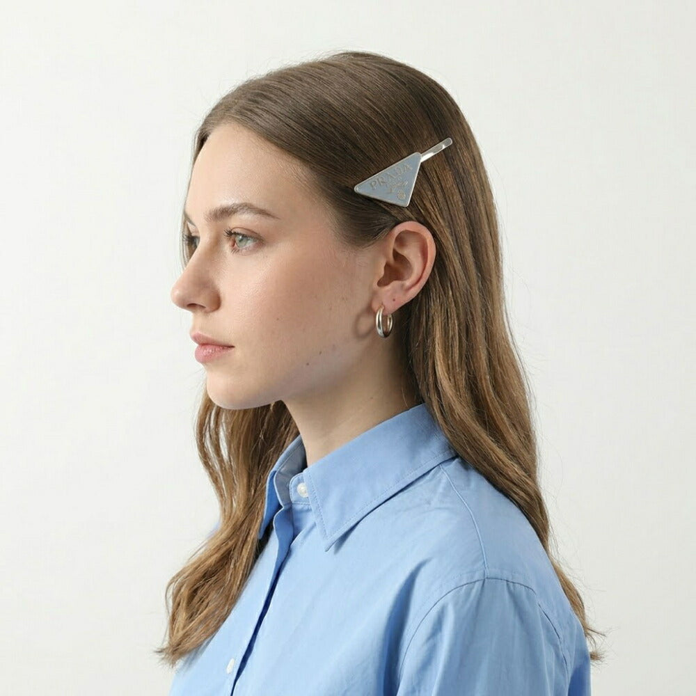 PRADA ヘアアクセサリー ホワイト×シルバー金具 ブラック×ゴールド金具 ヘアピン トライアングルロゴ 1IF051 2BA6