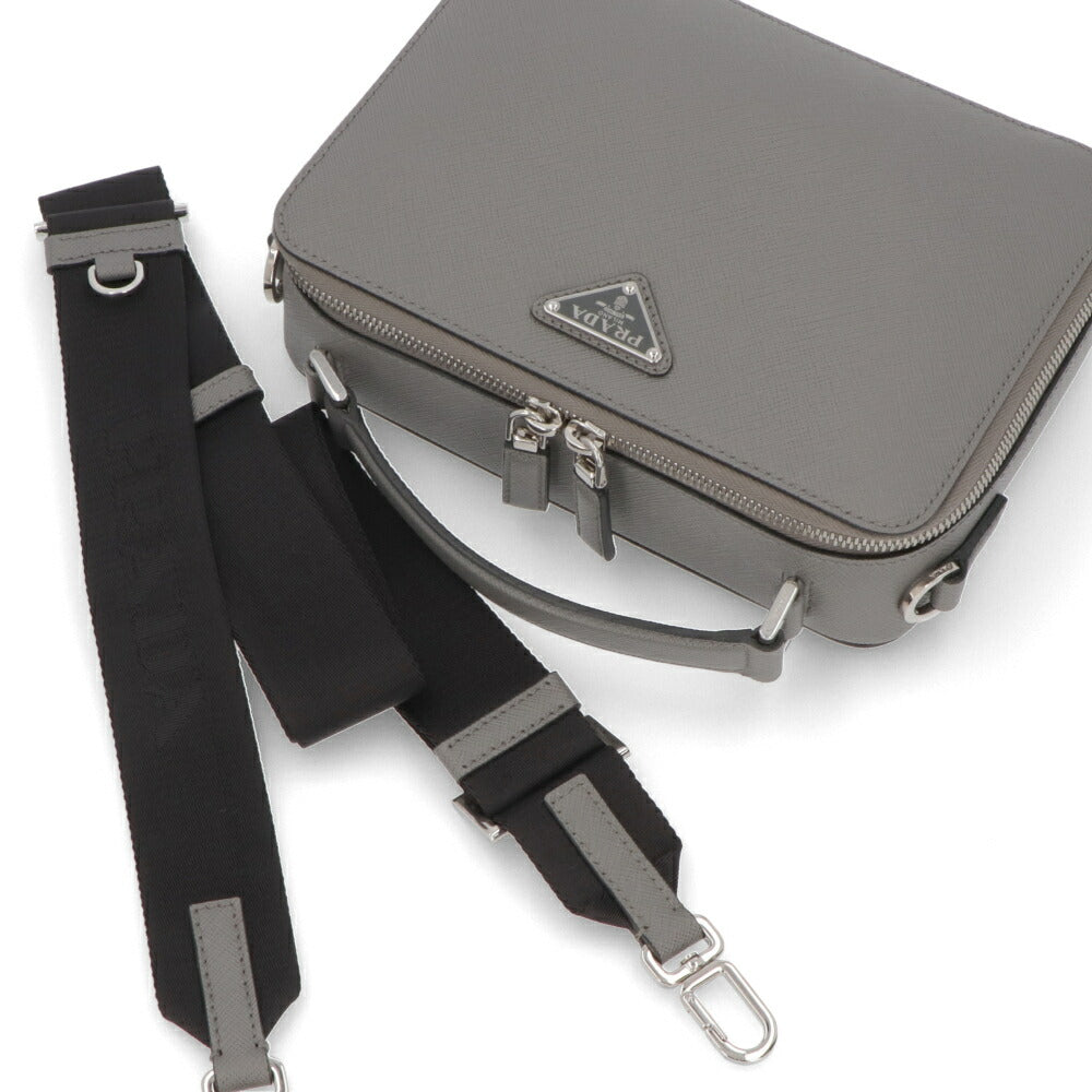 PRADA ショルダーバッグ グレー レザー ロゴ サフィアーノ