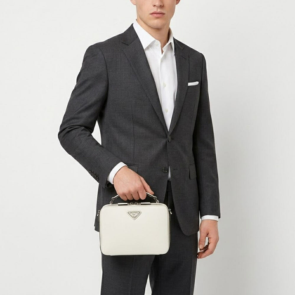 PRADA ショルダーバッグ ブリック サフィアーノレザーバッグ ホワイト トライアングルロゴ ミニバッグ 2WAY 2VH069 9Z2