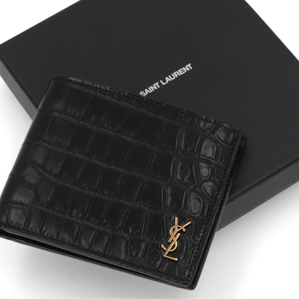 SAINT LAURENT 財布 二つ折り財布 メンズ  ブラック カーフレザー PCC TINY MONOGRAM 607727 DZEDW