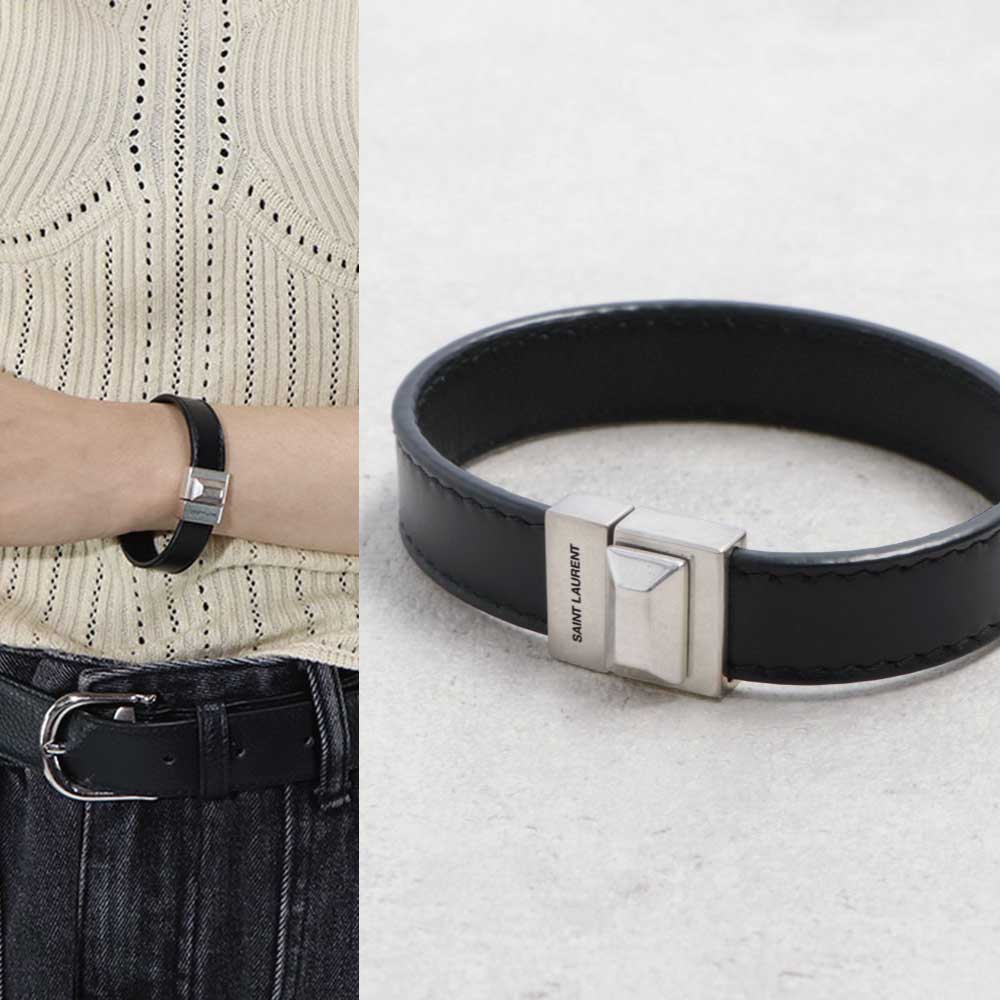 SAINT LAURENT ブラックレザーブレスレット　シルバーカラー サンローラン SAINT LAURENT アクセサリー ブレスレット