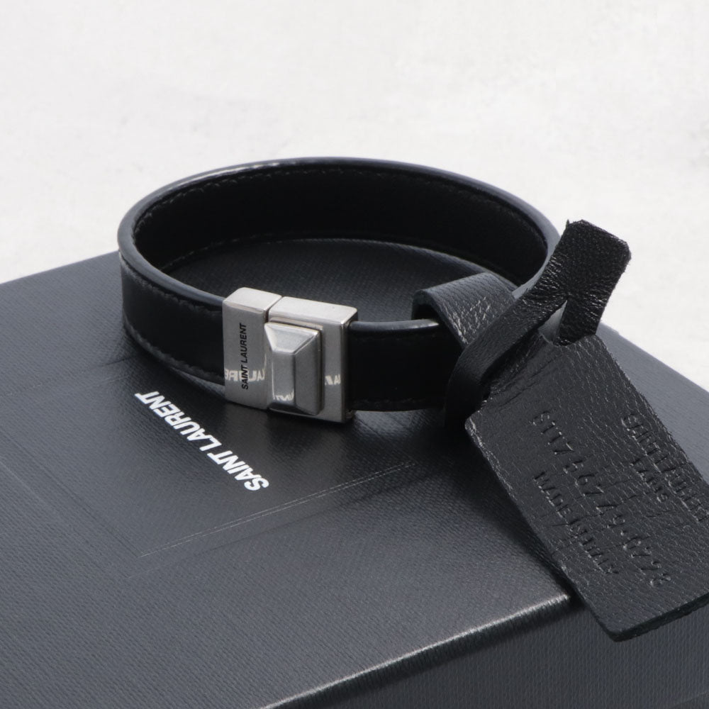 サンローラン SAINT LAURENT アクセサリー ブレスレット レディース ブラック カーフ レザー シンプル ロゴ シルバー金具 無地 756749 AACJA