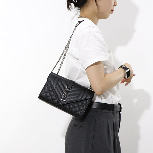 サンローラン SAINT LAURENT バッグ ショルダーバッグ レディース ENVELOPE SMALL エンベロープ スモール  ブラック カーフ レザー カサンドラロゴ 鞄 チェーンショルダー シルバー金具 キルティング 600195 BOW92