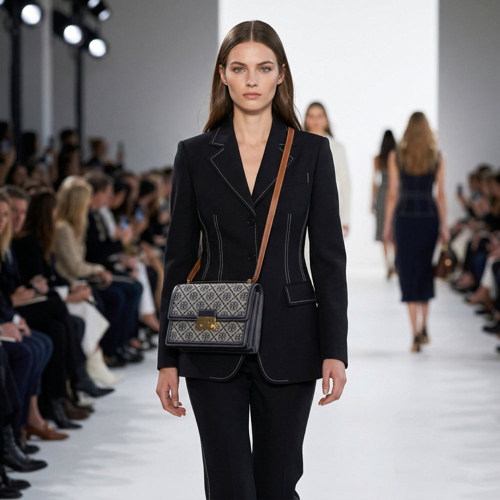 Tory Burch トリーバーチ  ショルダーバッグ  ネイビー ジャガード クロスボディバッグ Tモノグラム スクエア 158526