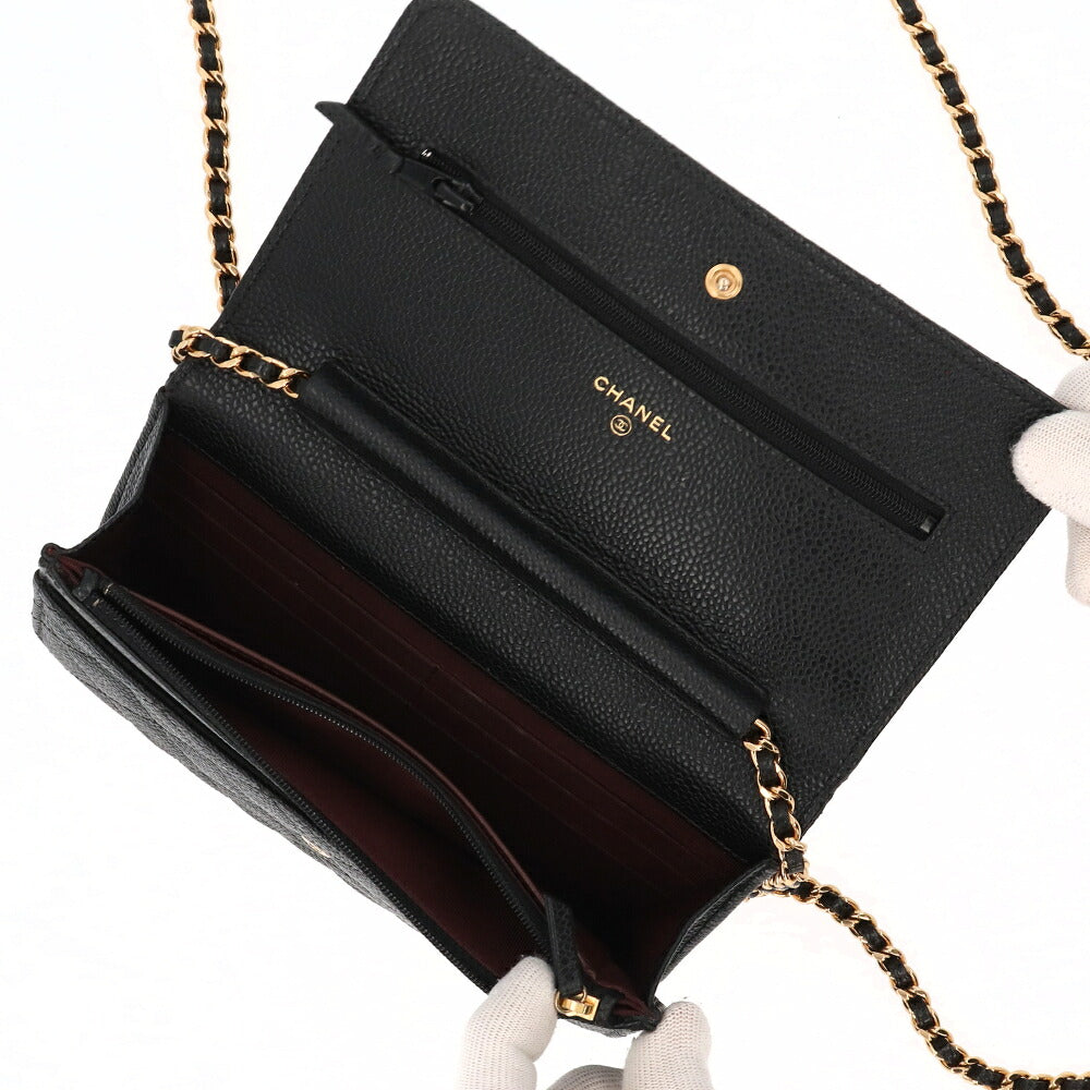 【中古/Aランク】CHANEL シャネル レディース 長財布 タイムレスクラシック ブラック キャビアスキン シリアルあり チェーンウォレット 二つ折り 33814