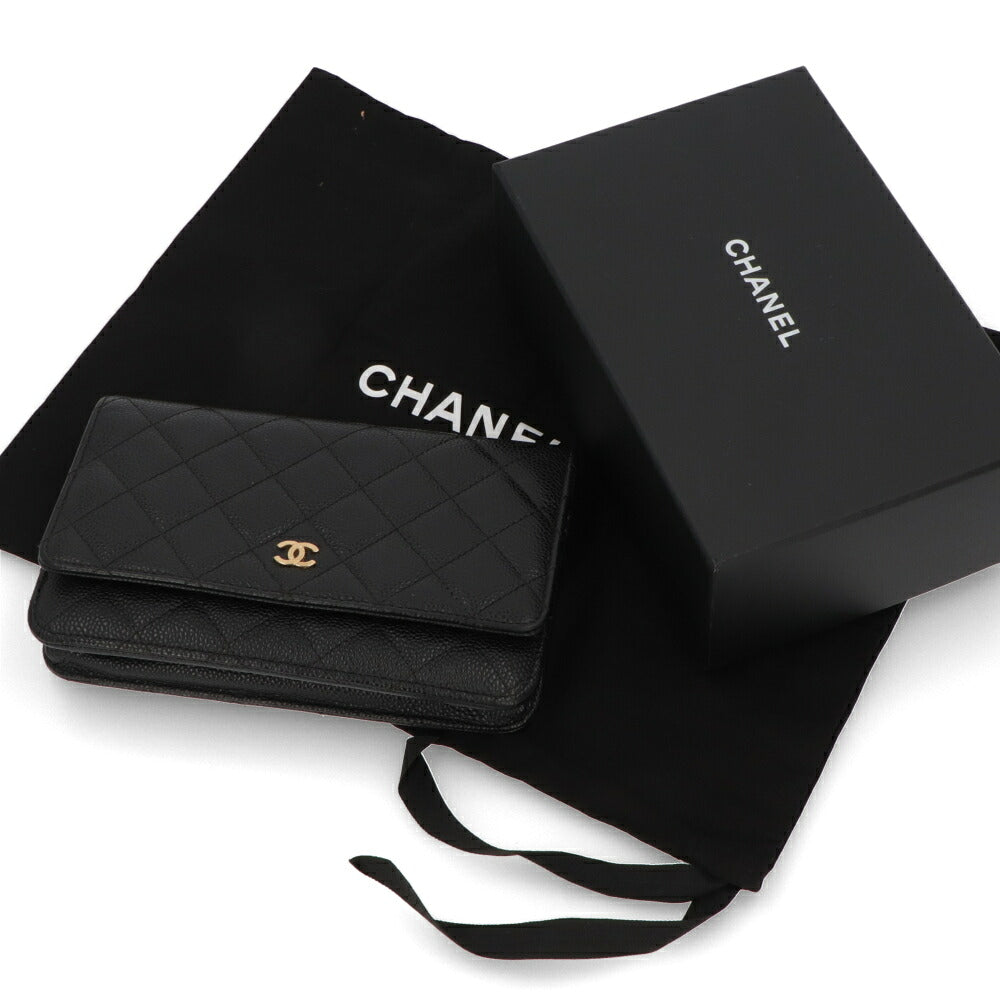 【中古/Aランク】CHANEL シャネル レディース 長財布 タイムレスクラシック ブラック キャビアスキン シリアルあり チェーンウォレット 二つ折り 33814